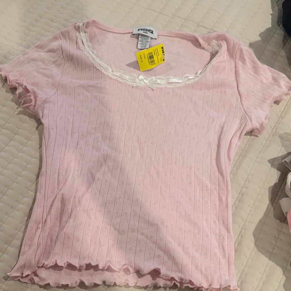 RSQ Pink Lace Trim Short Sleeve Tee